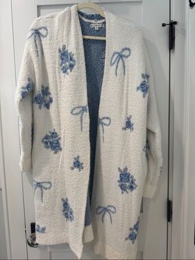 Blakely Cream Open-Front Cardigan with Blue Floral & Bow Motifs